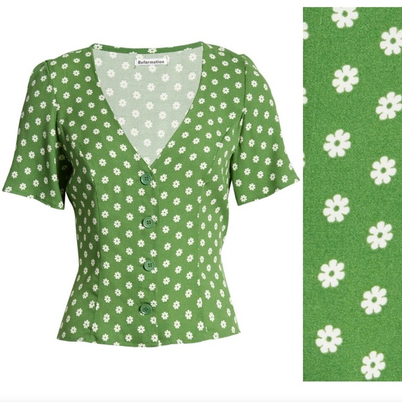 REFORMATION Green Janet Floral Woven Top Size 4 - Picture 3 of 16